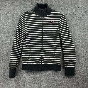 PUMA Black White Striped Zip Up Track Jacket Pink Logo Womens Size L